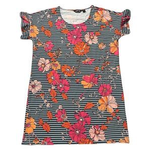 LANDS’ END Floral T-Shirt Dress Ruffle Sleeve Orange Pink Gray Green Size Large